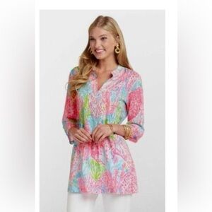 Lilly Pulitzer Sarasota Tunic in “Let’s Cha Cha” Sz L, white beading on neckline